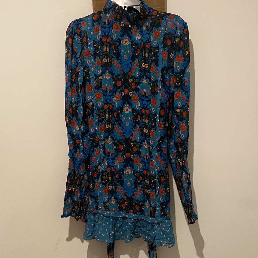 Blue Floral Long-Sleeve Mini Dress